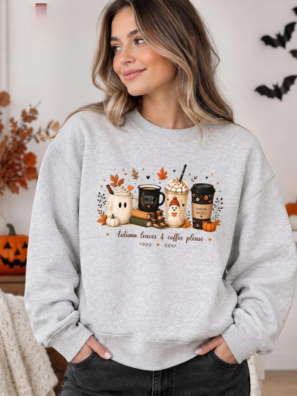 AshGrey Crewneck Sweatshirt with Autumn Coffee Graphic